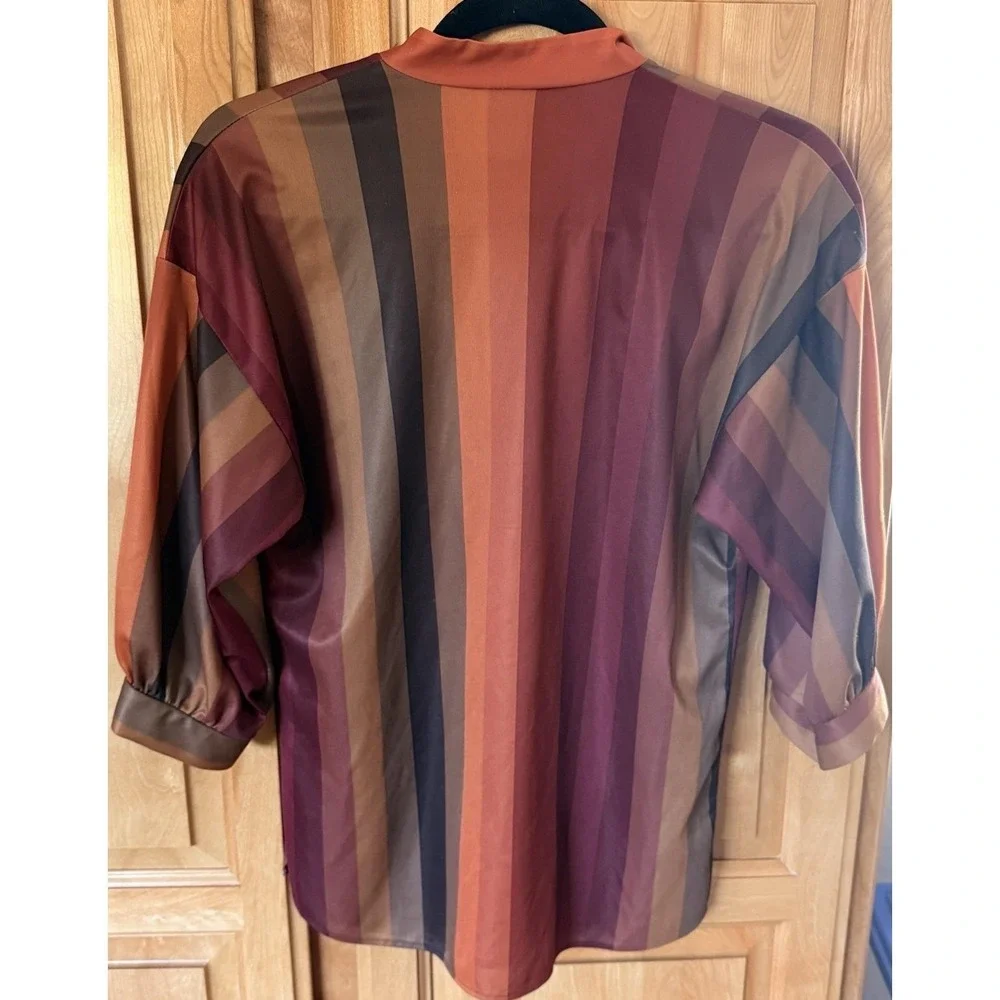Vintage 70s Sears Blouse Small Top Balloon Sleeve Mandarin Collar Disco Striped - Picture 11 of 16